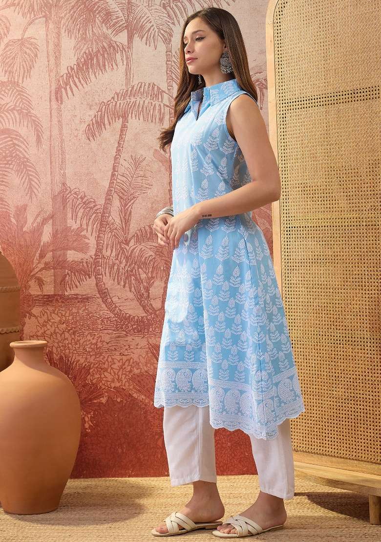 Sky Blue Embroidery Cotton Kurta - Indya