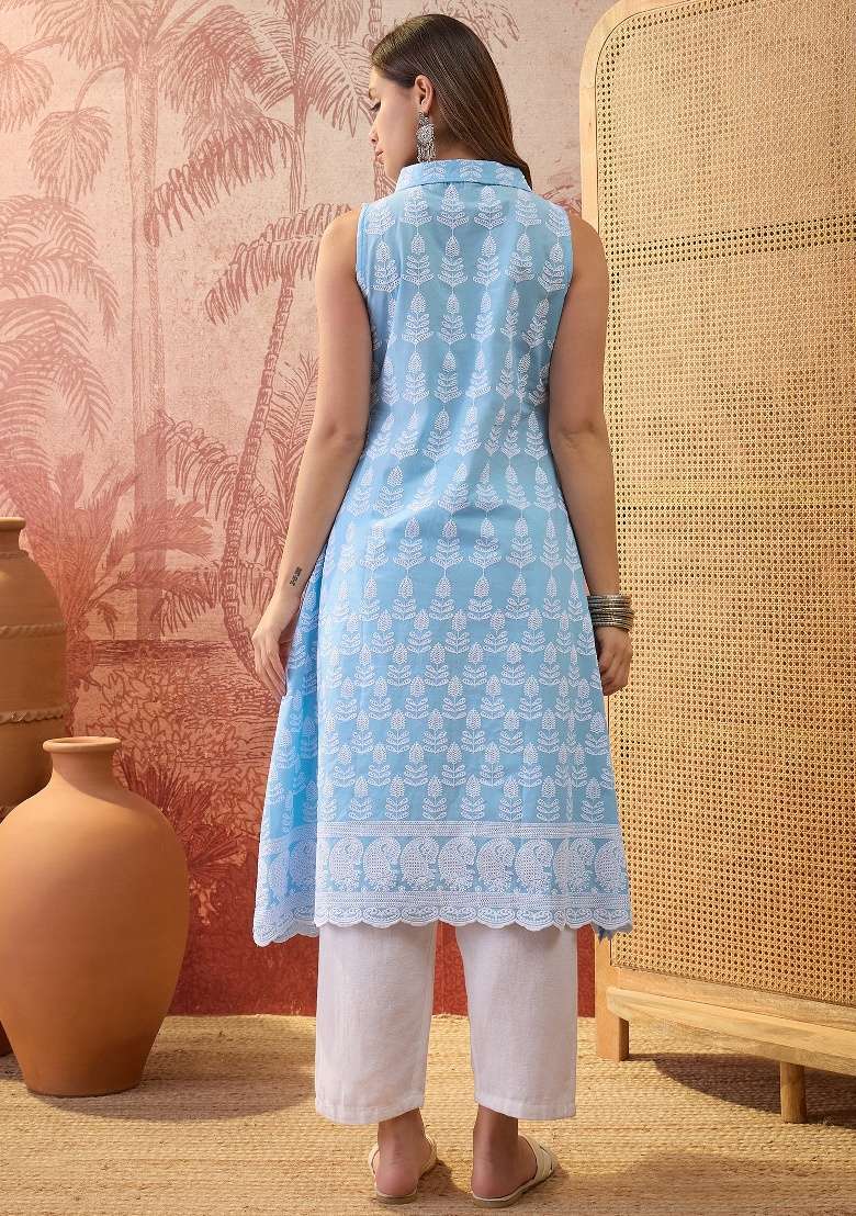 Sky Blue Embroidery Cotton Kurta - Indya