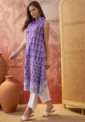 Purple Embroidery Cotton Kurta