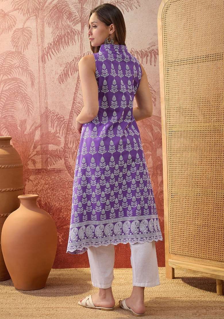 Purple Embroidery Cotton Kurta - Indya