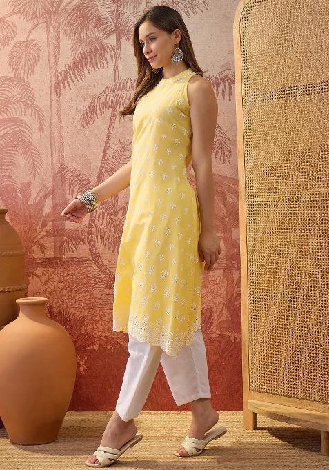 Mustard Embroidery Cotton Kurta