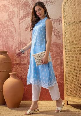 Sky Blue Embroidery Cotton Kurta