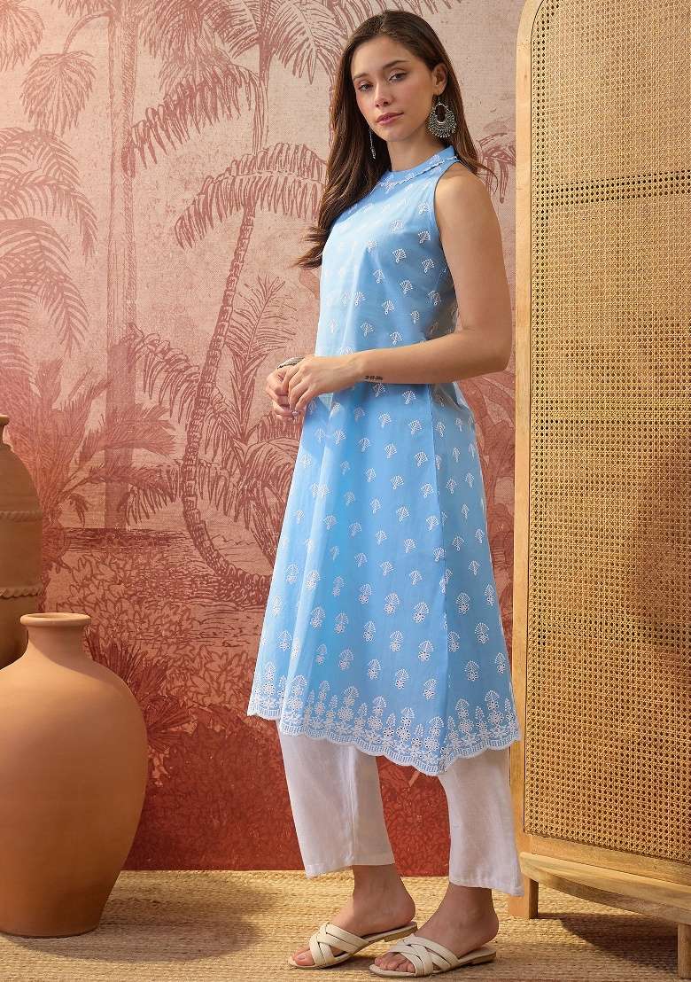 Sky Blue Embroidery Cotton Kurta - Indya