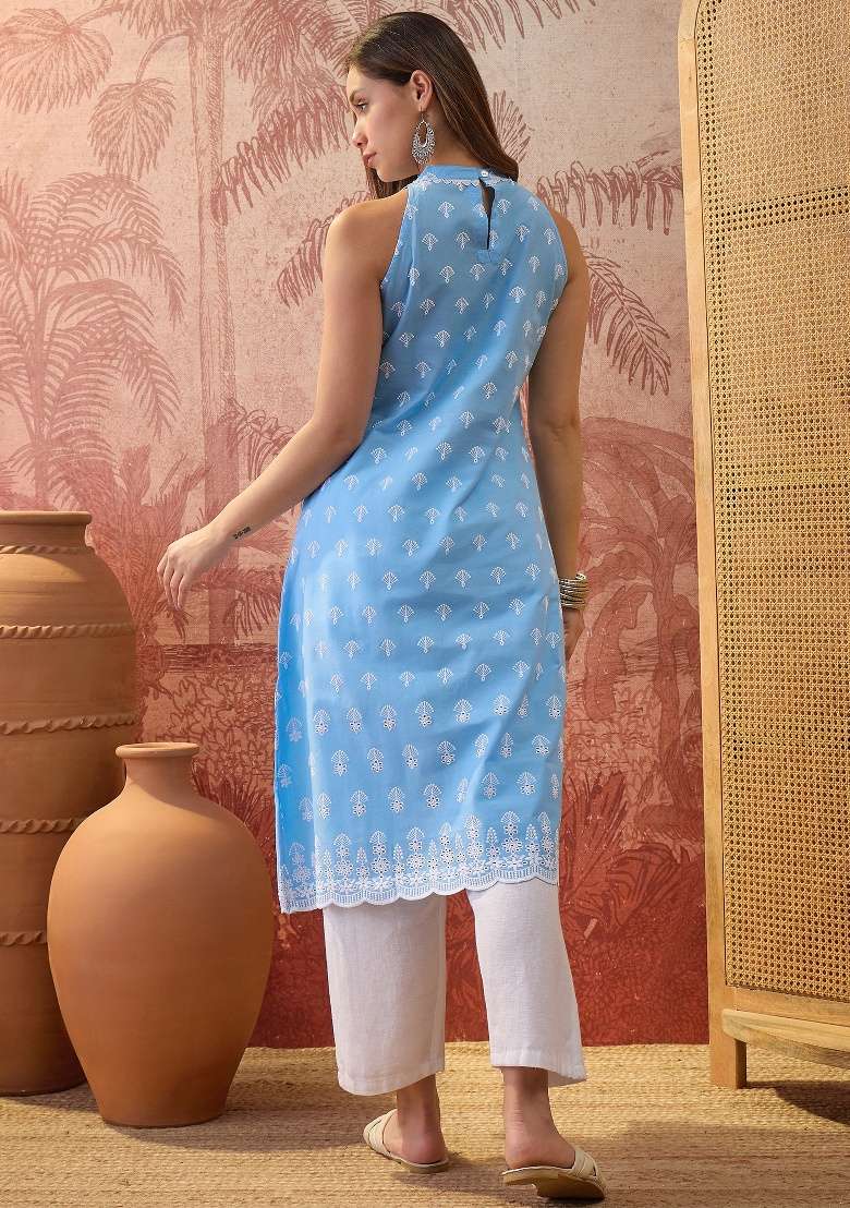 Sky Blue Embroidery Cotton Kurta - Indya