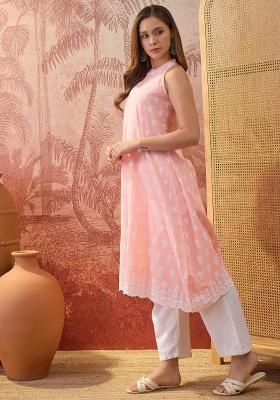 Peach Embroidery Cotton Kurta