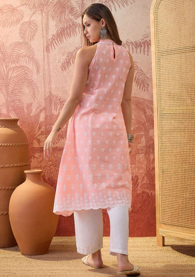 Peach Embroidery Cotton Kurta - Indya