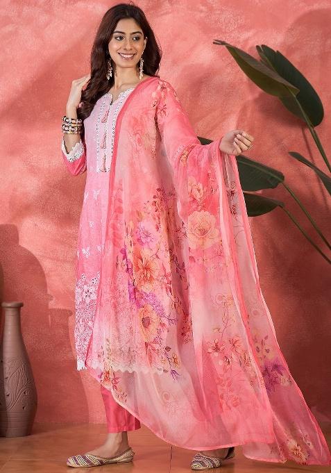 Pink Embroidery Cotton Kurta Set
