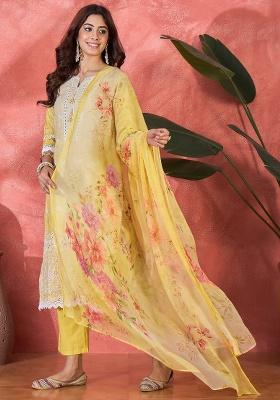 Yellow Embroidery Cotton Kurta Set