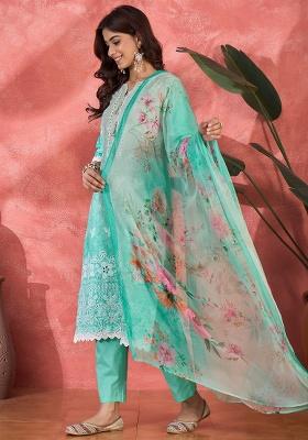 See Green Embroidery Cotton Kurta Set