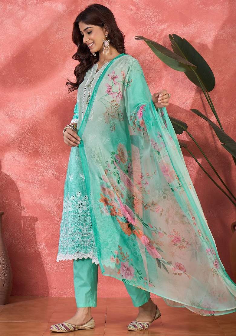 See Green Embroidery Cotton Kurta Set - Indya