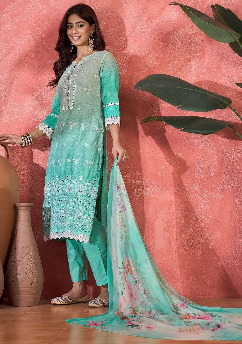 See Green Embroidery Cotton Kurta Set - Indya