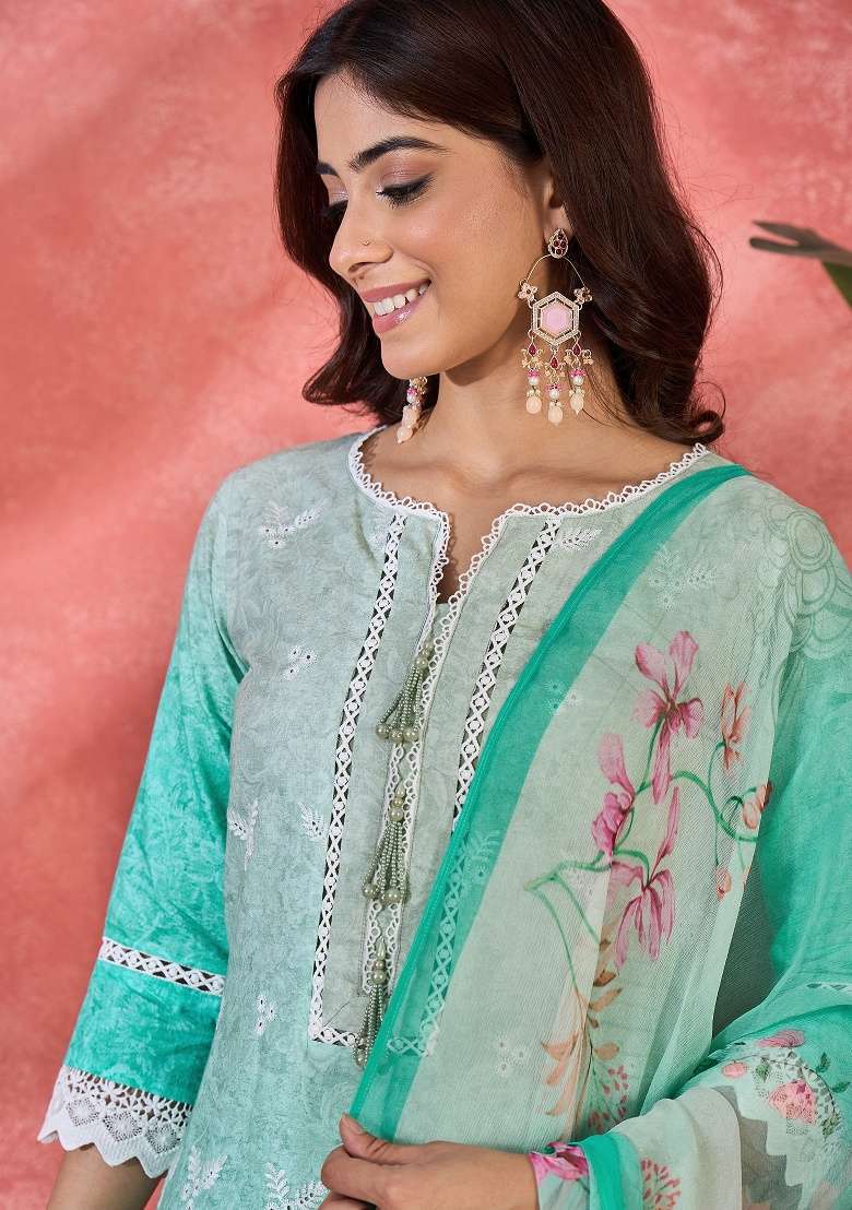 See Green Embroidery Cotton Kurta Set - Indya