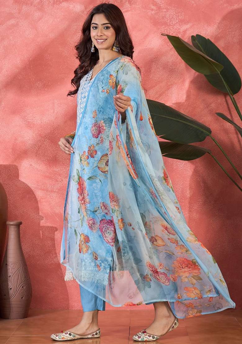 Blue Embroidery Cotton Kurta Set - Indya