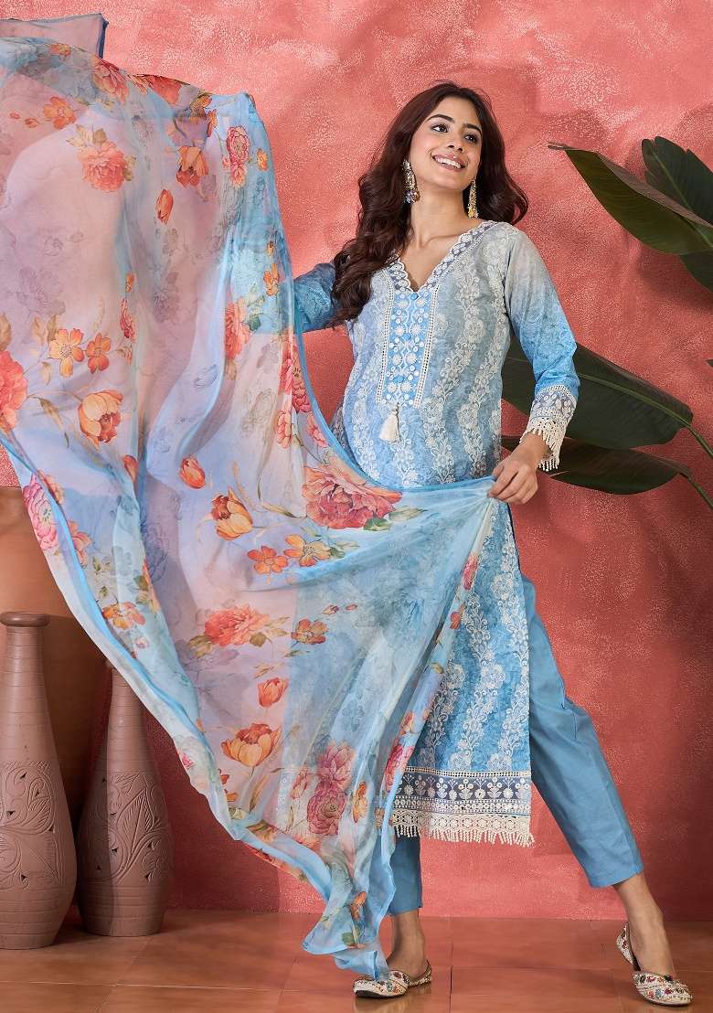 Blue Embroidery Cotton Kurta Set - Indya