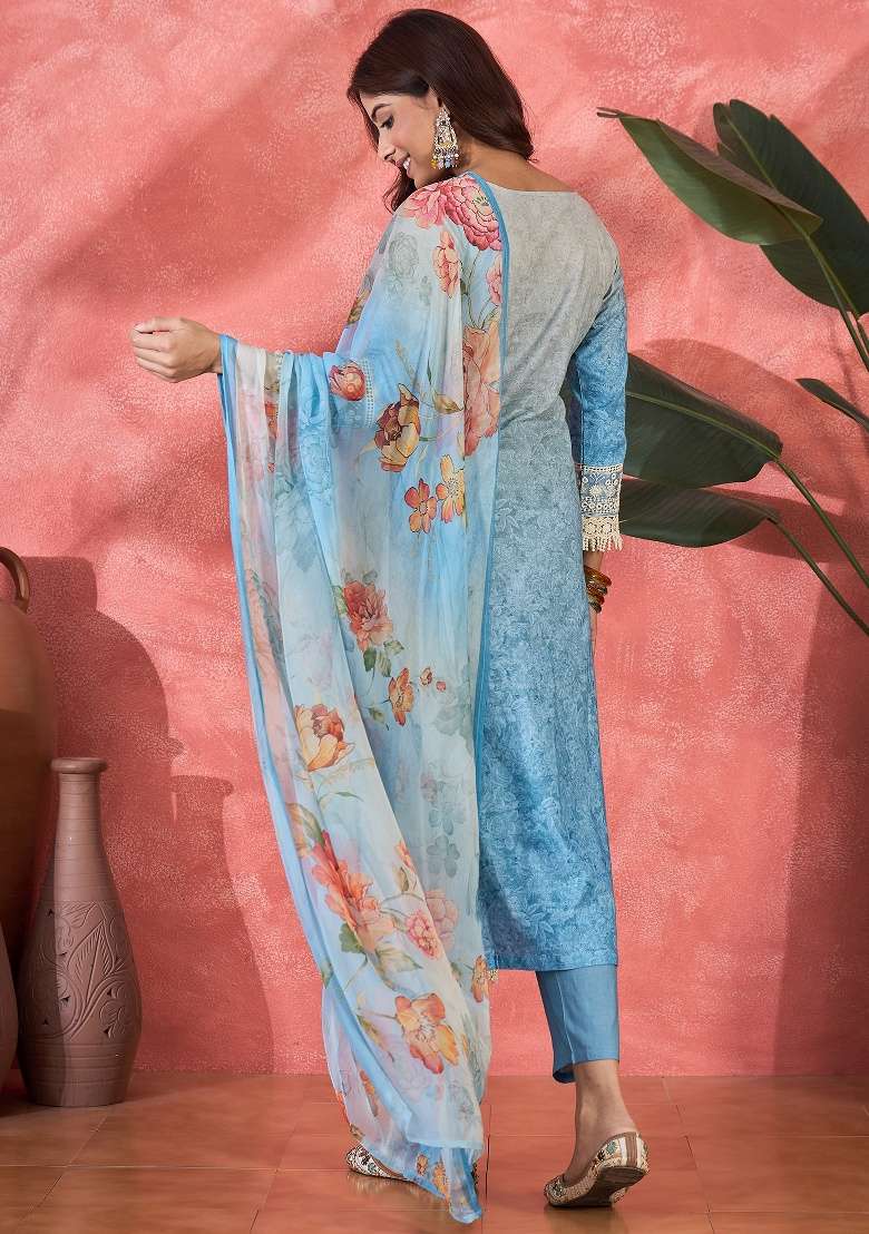 Blue Embroidery Cotton Kurta Set - Indya
