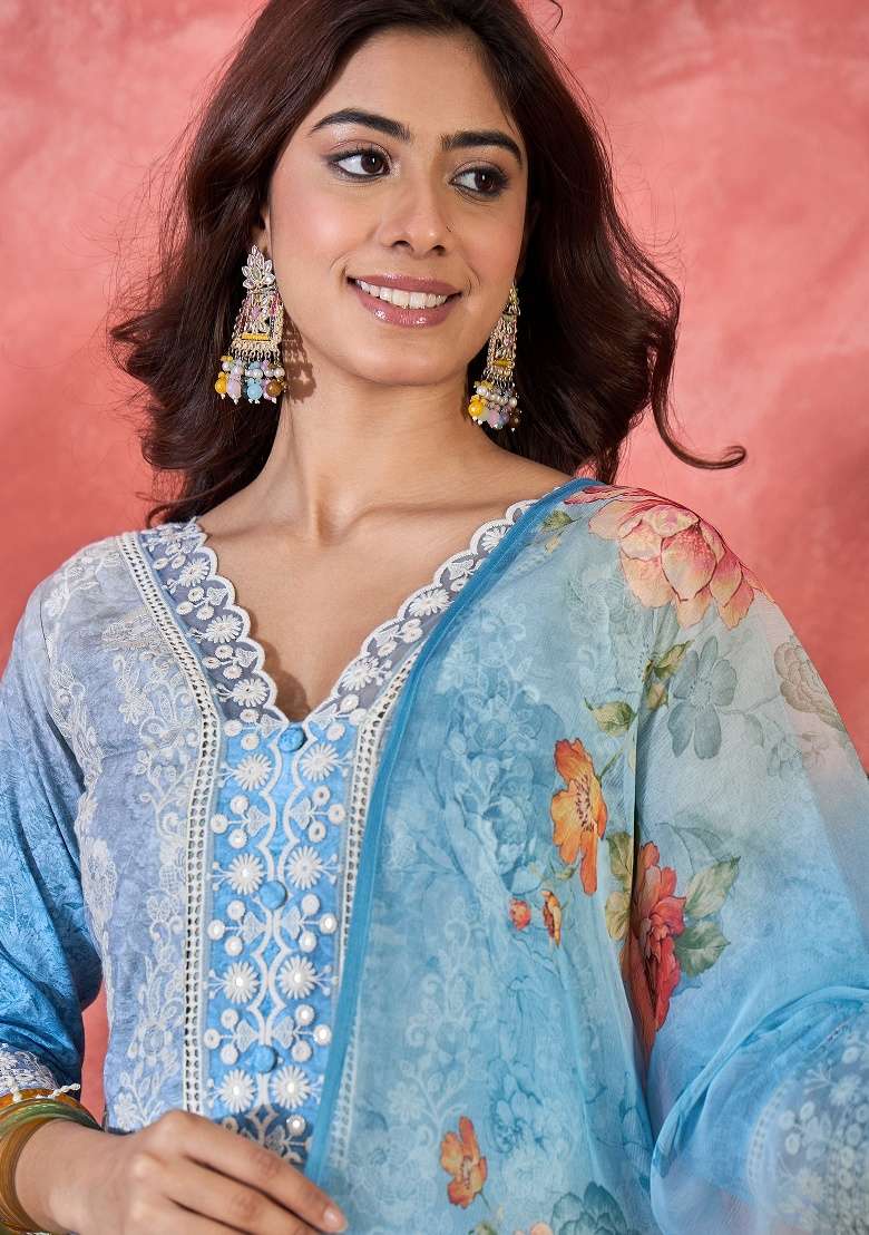 Blue Embroidery Cotton Kurta Set - Indya