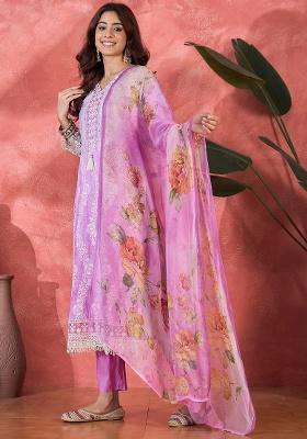 Purple Embroidery Cotton Kurta Set