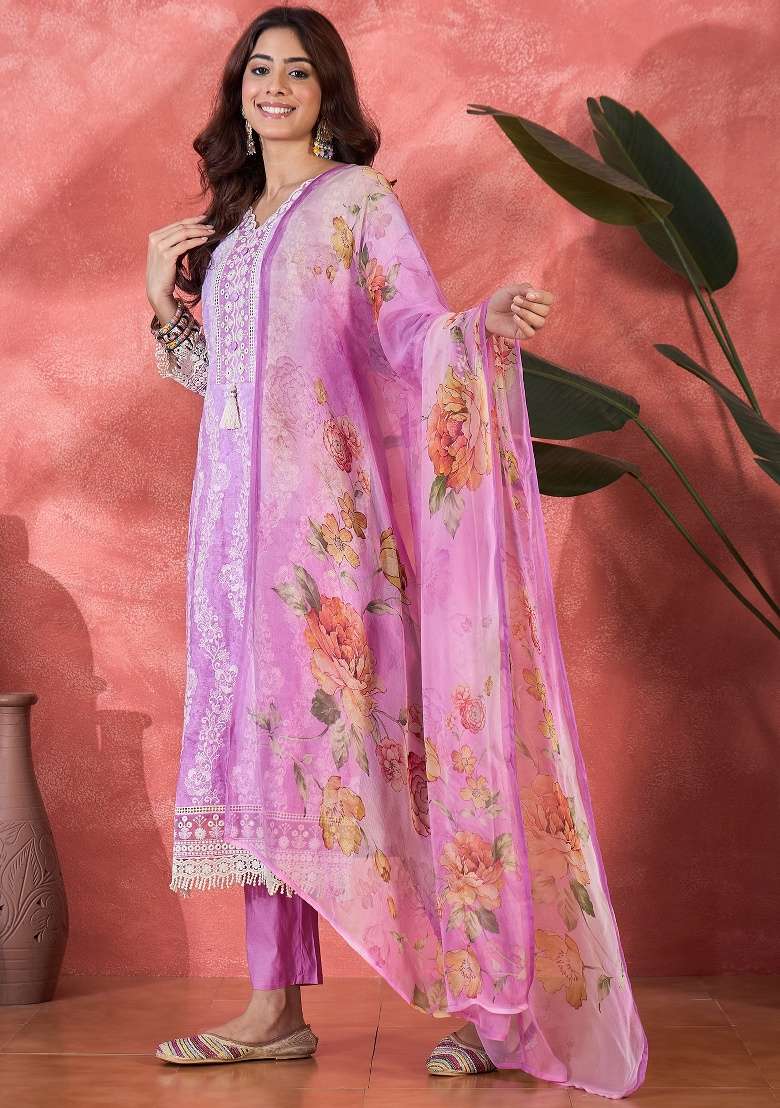Purple Embroidery Cotton Kurta Set - Indya