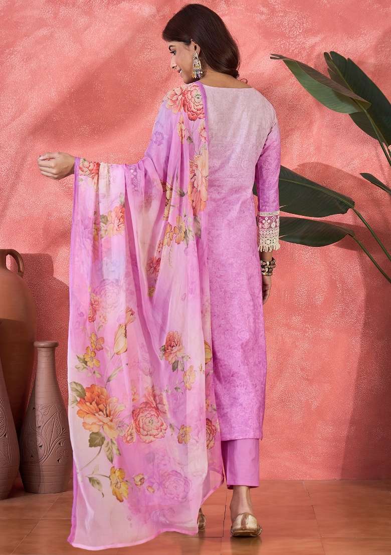 Purple Embroidery Cotton Kurta Set - Indya