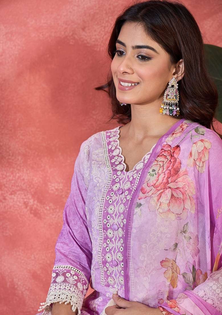Purple Embroidery Cotton Kurta Set - Indya