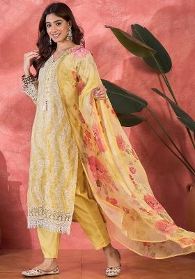 Yellow Embroidery Cotton Kurta Set