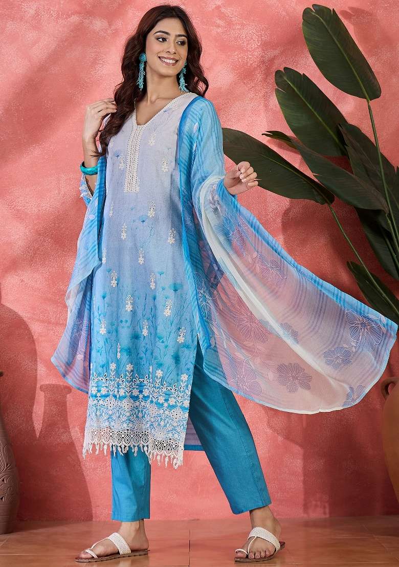 Blue Embroidery Cotton Kurta Set - Indya
