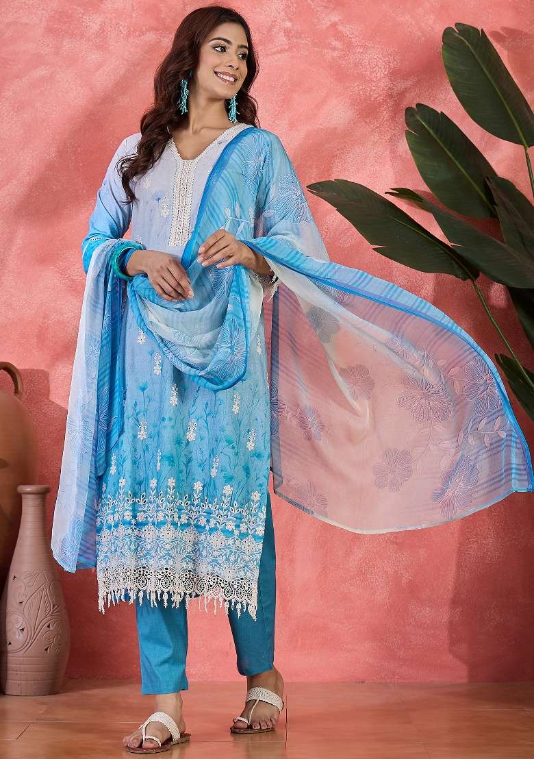 Blue Embroidery Cotton Kurta Set - Indya