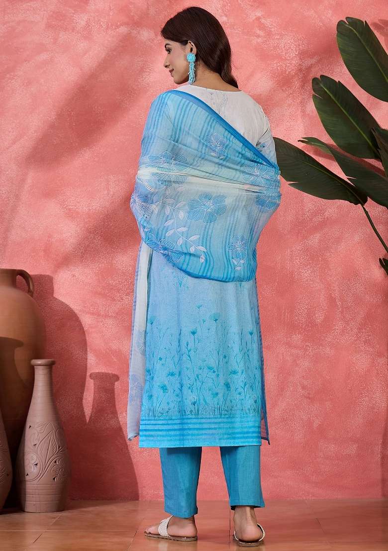 Blue Embroidery Cotton Kurta Set - Indya