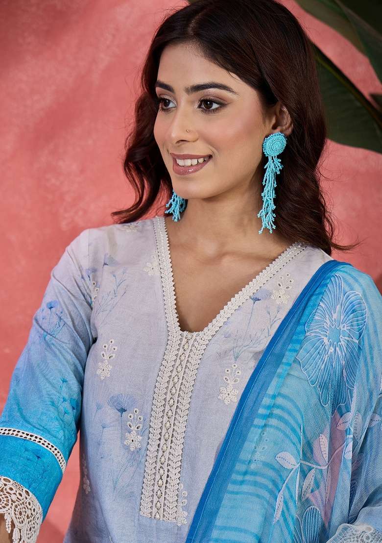 Blue Embroidery Cotton Kurta Set - Indya