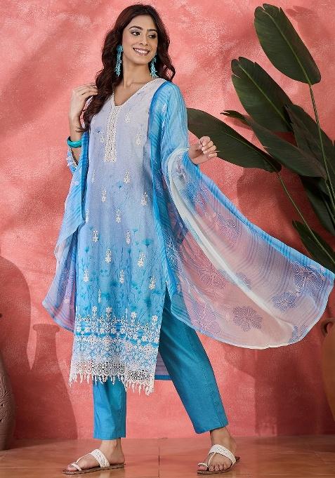 Blue Embroidery Cotton Kurta Set