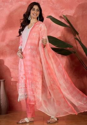 Peach Embroidery Cotton Kurta Set