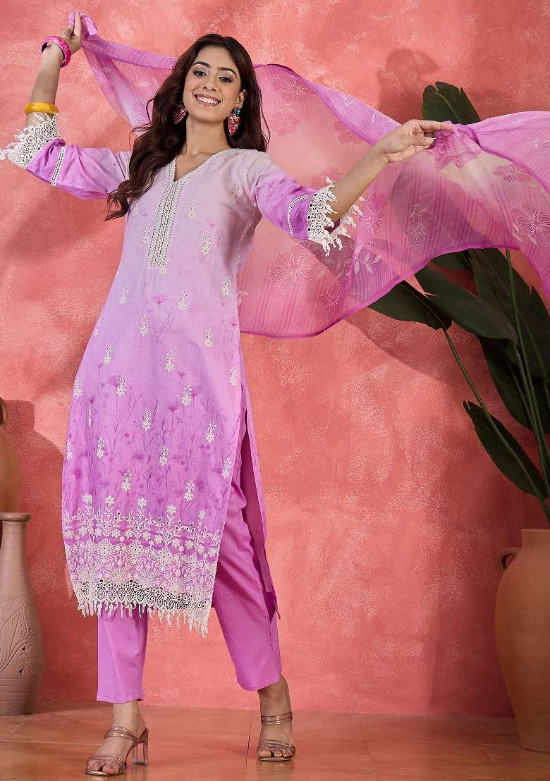 Lavender Embroidery Cotton Kurta Set - Indya