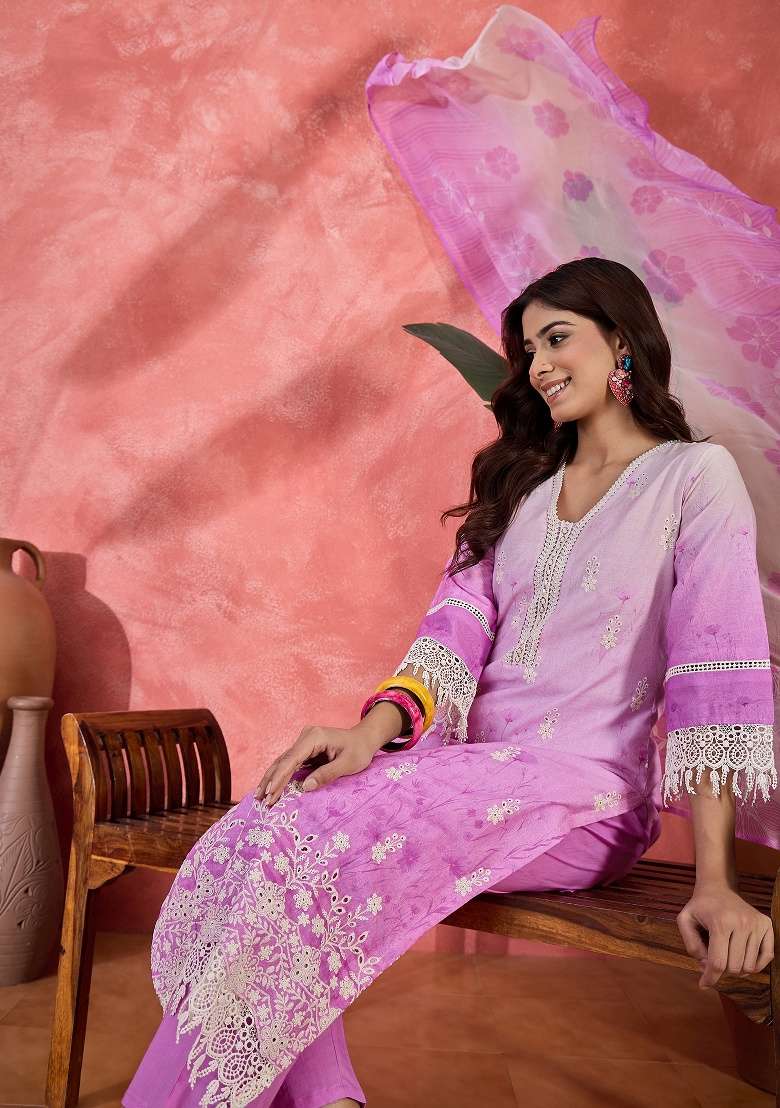 Lavender Embroidery Cotton Kurta Set - Indya