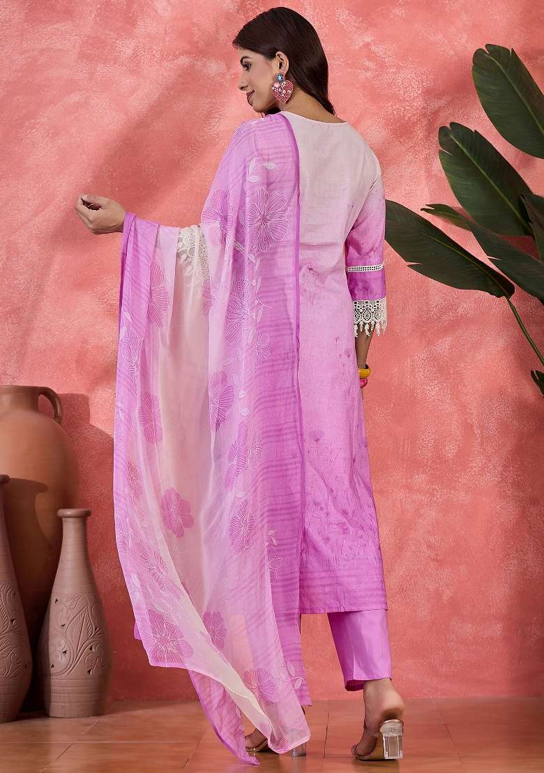 Lavender Embroidery Cotton Kurta Set - Indya