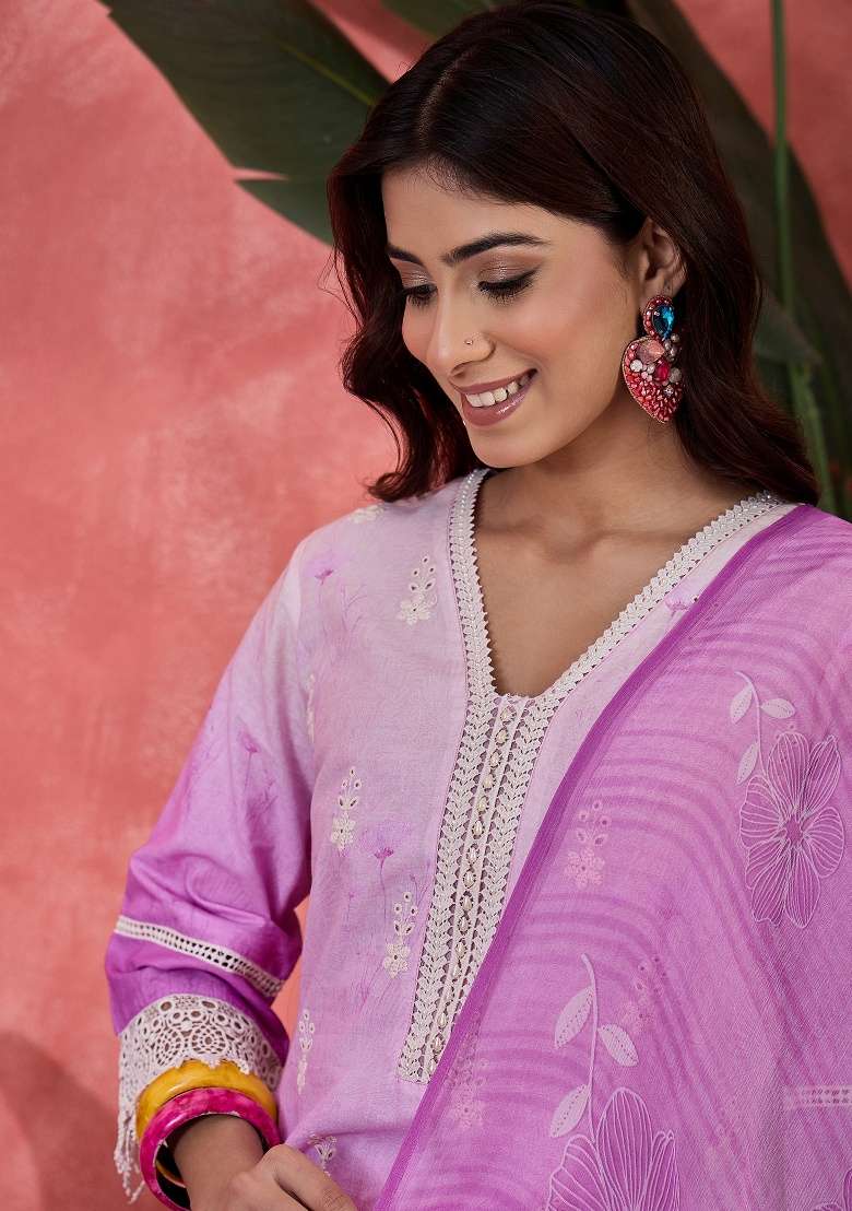 Lavender Embroidery Cotton Kurta Set - Indya