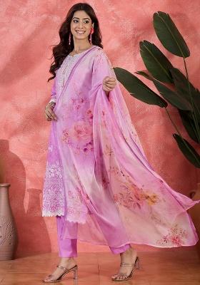 Purple Embroidery Cotton Kurta Set