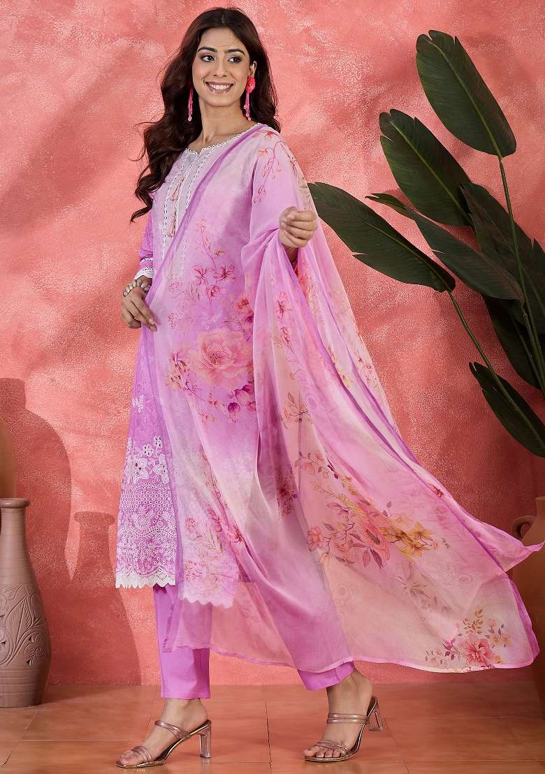 Purple Embroidery Cotton Kurta Set - Indya