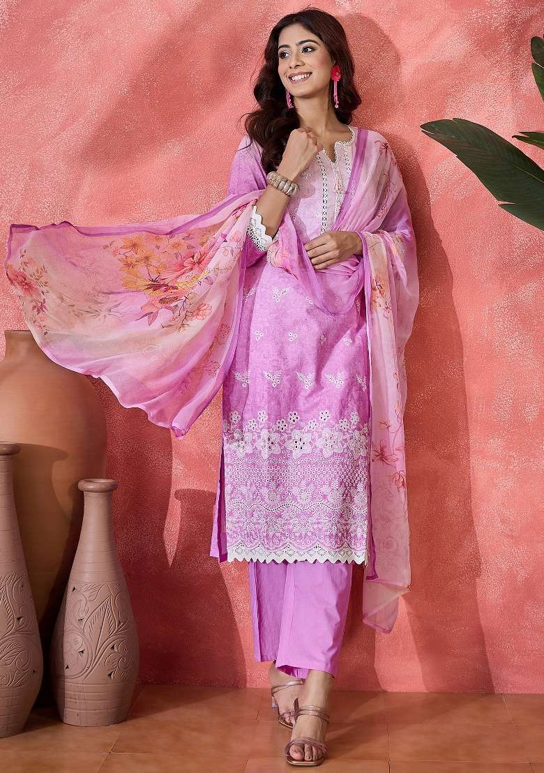 Purple Embroidery Cotton Kurta Set - Indya