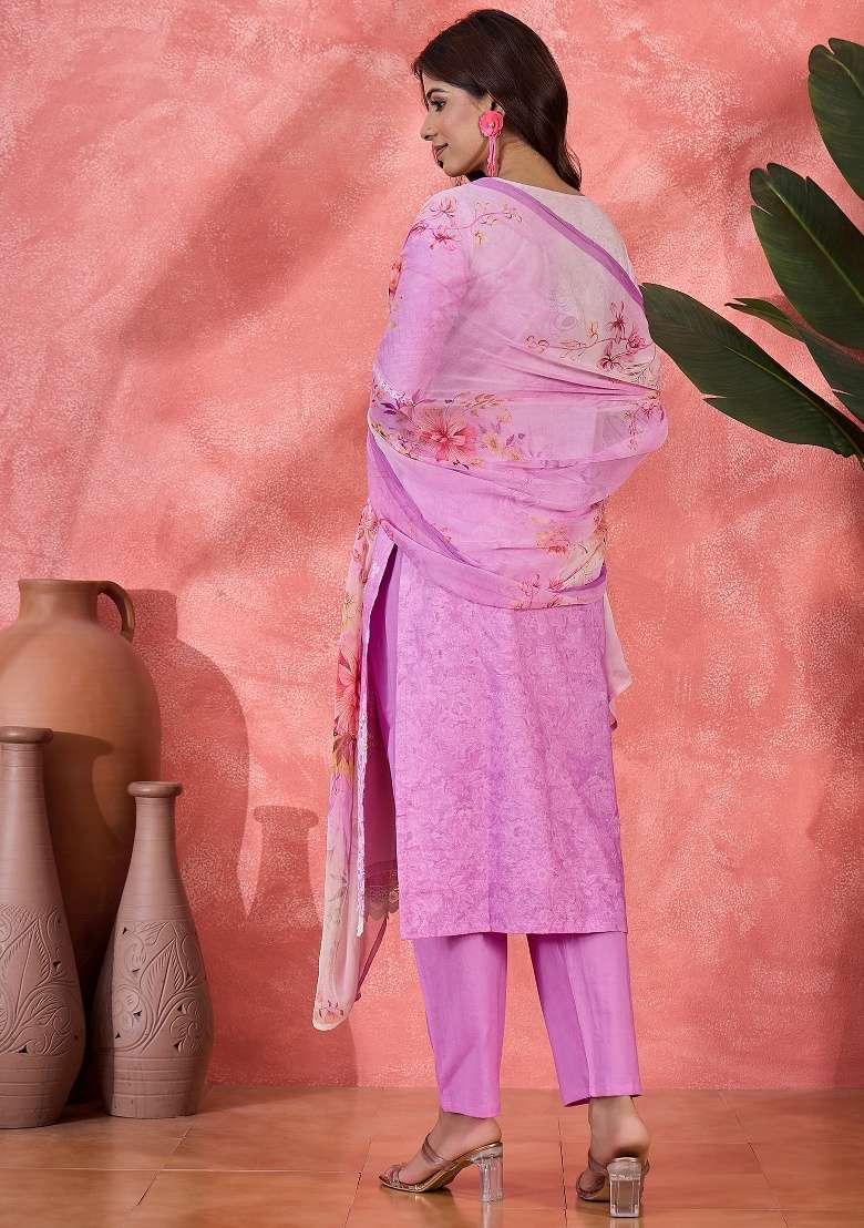 Purple Embroidery Cotton Kurta Set - Indya