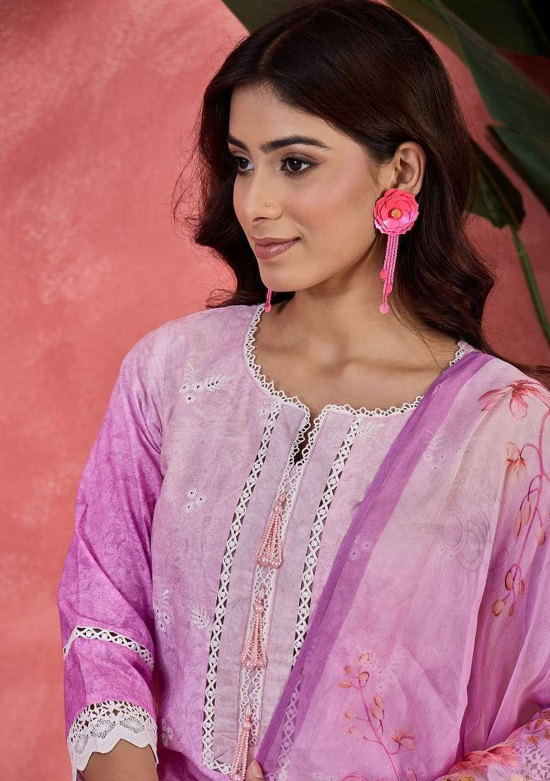 Purple Embroidery Cotton Kurta Set - Indya