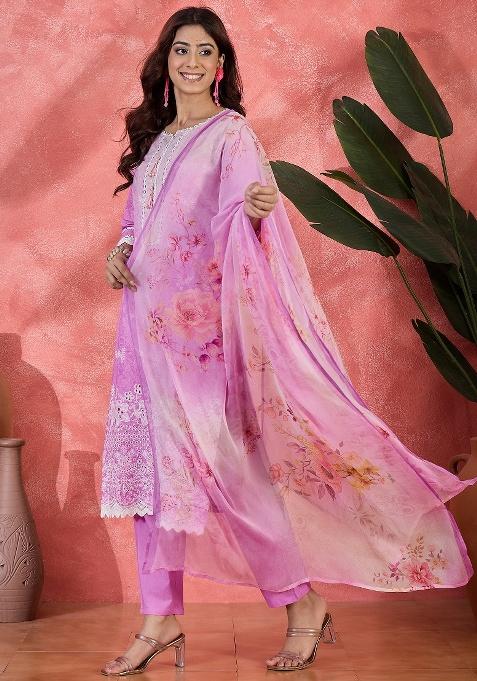 Purple Embroidery Cotton Kurta Set