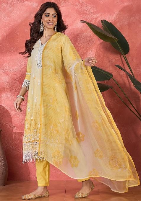 Mustard Embroidery Cotton Kurta Set