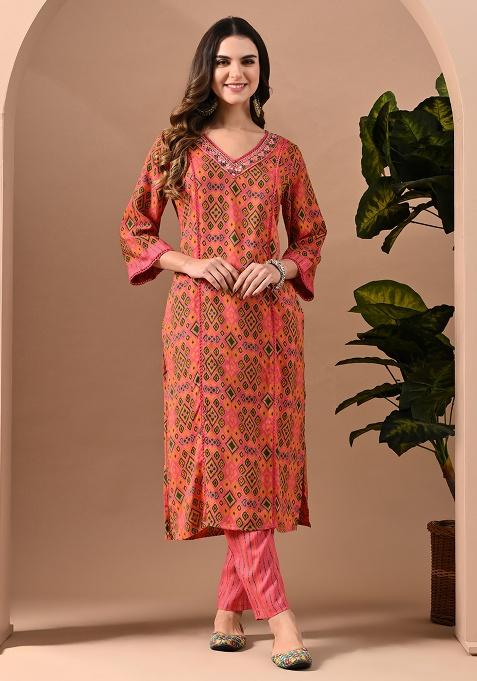 Peach Printed Rayon Kurta Set