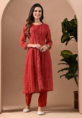 Maroon Printed Rayon Kurta Set