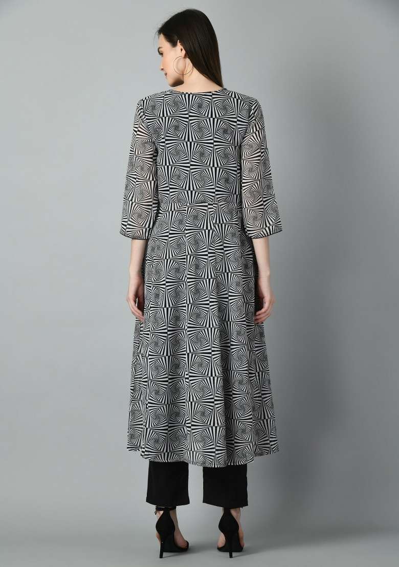 Black Printed Georgette Kurta Set - Indya