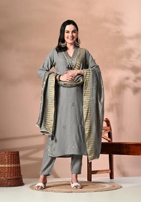 Grey Embroidery Viscose Kurta Set
