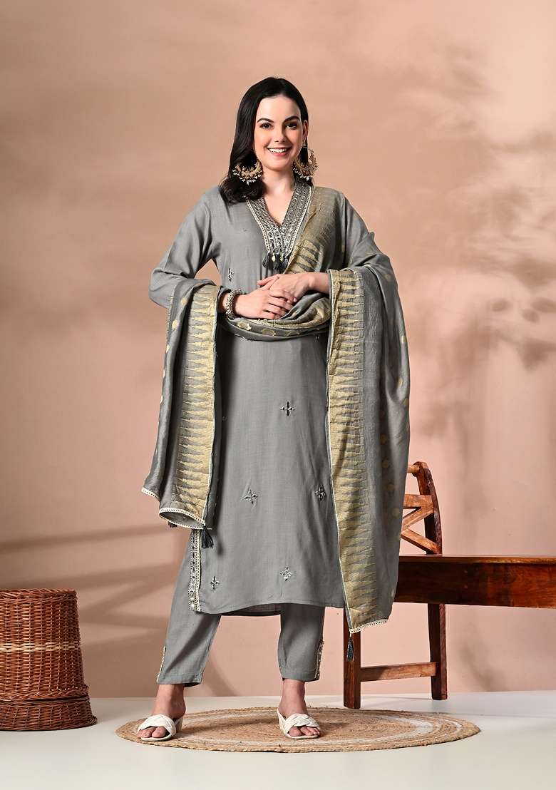 Grey Embroidery Viscose Kurta Set - Indya