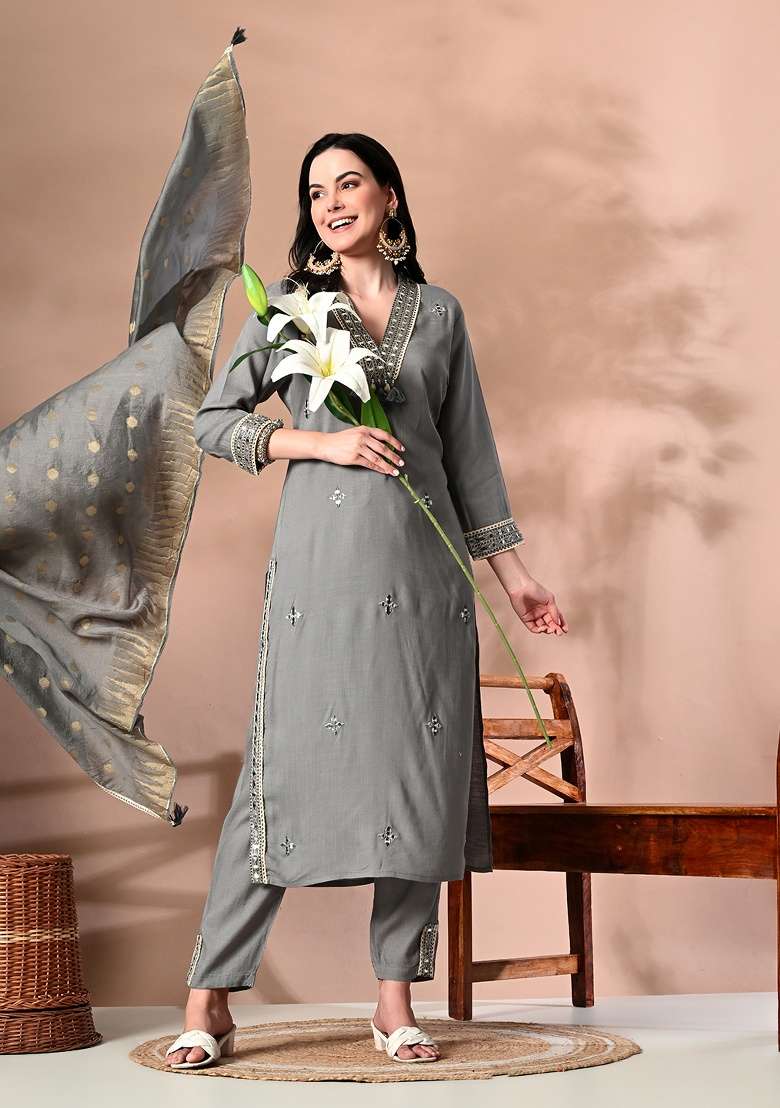 Grey Embroidery Viscose Kurta Set - Indya