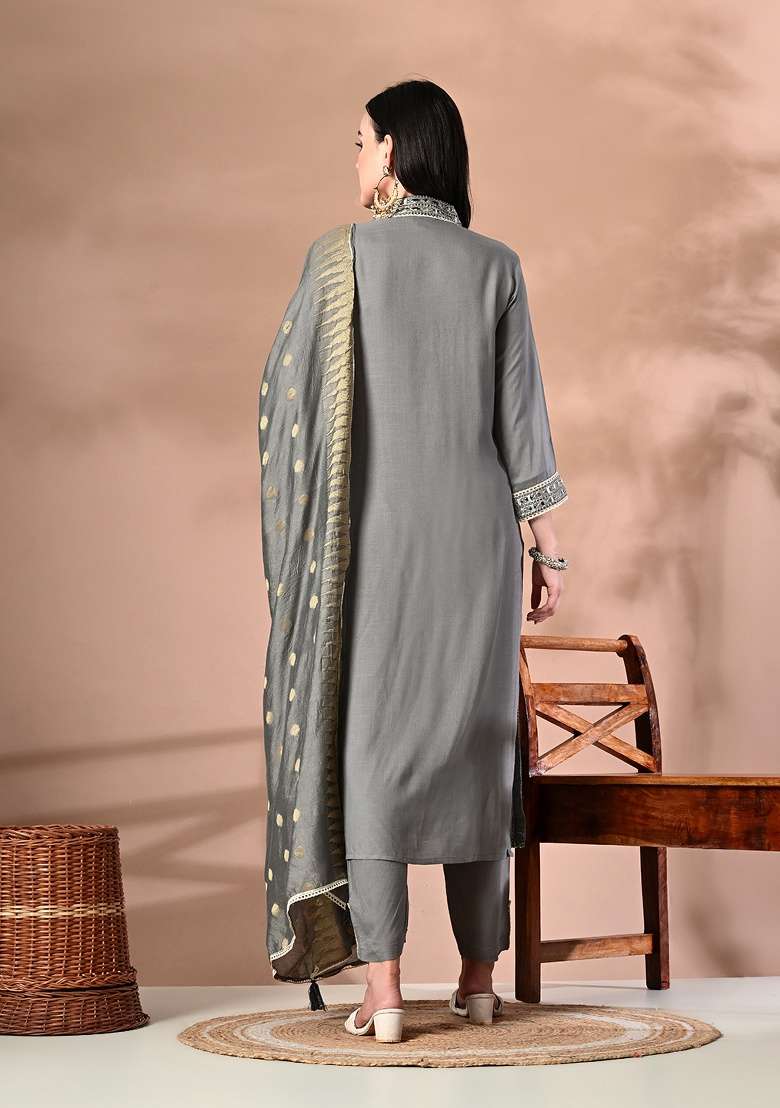 Grey Embroidery Viscose Kurta Set - Indya
