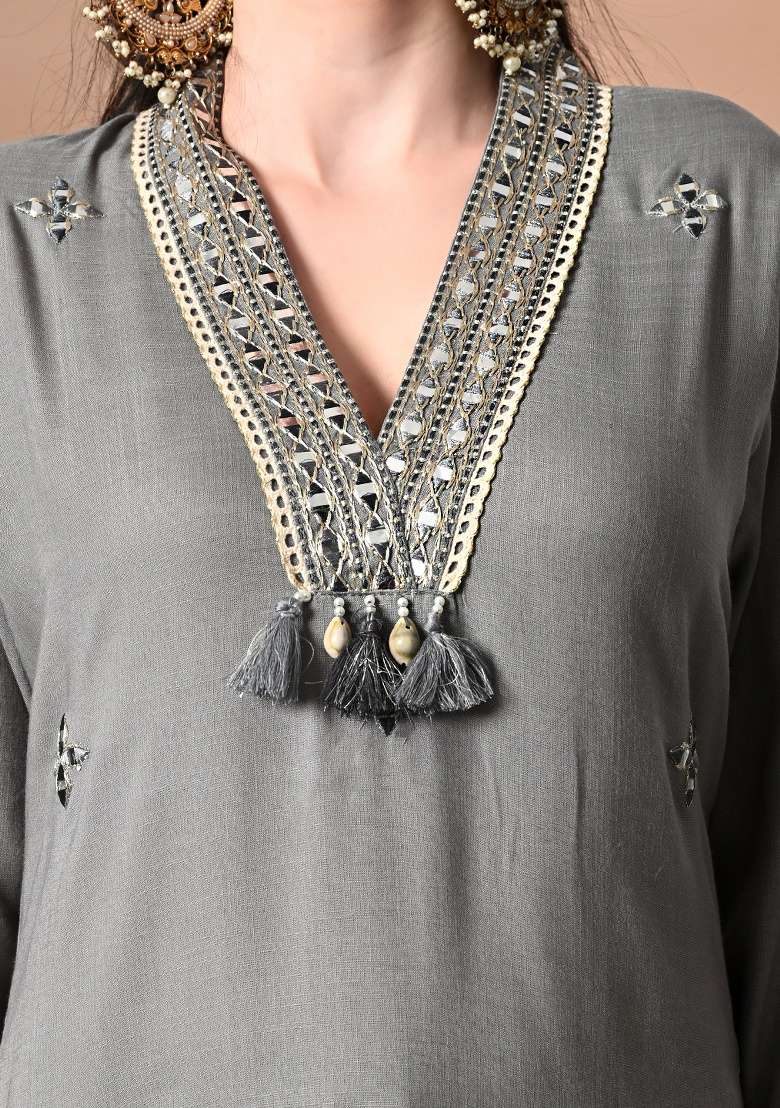 Grey Embroidery Viscose Kurta Set - Indya